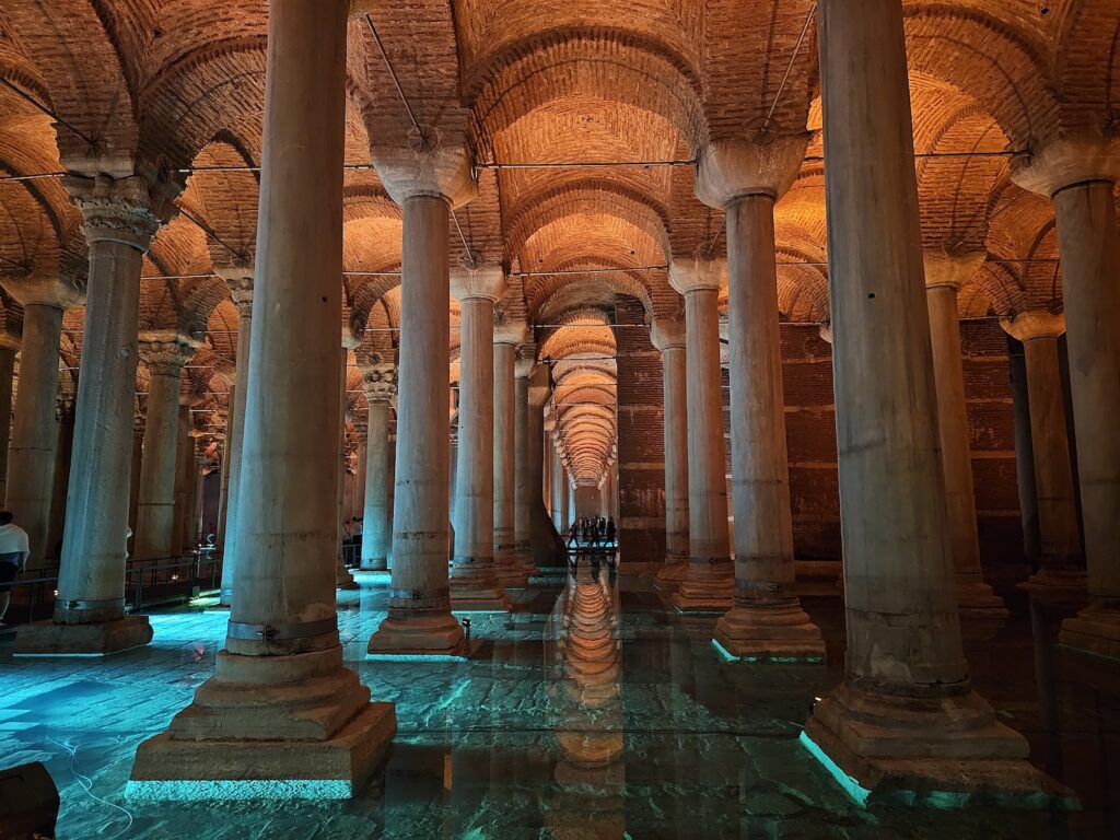 The illuminated columns of the underground Basilica Cistern