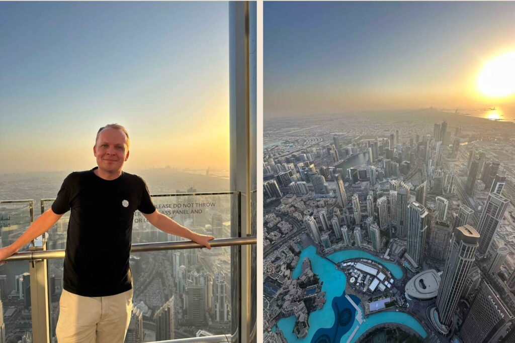Panoramic view of the Dubai skyline from the open-air Burj Khalifa Platinum deck