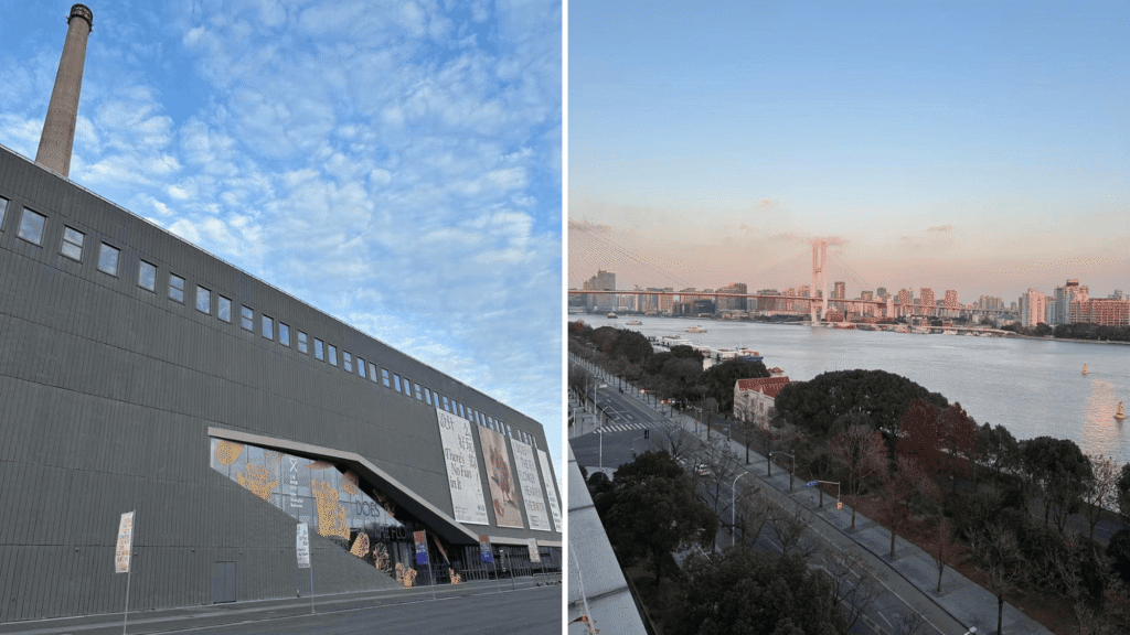 Quiet view of cargo ships from the Power Station of Art rooftop on the South Bund